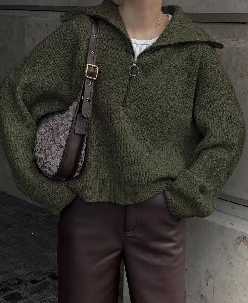 Pullover Damen grau lässig mit Stehkragen und Reißverschluss - 2 - Atelier-Zofia