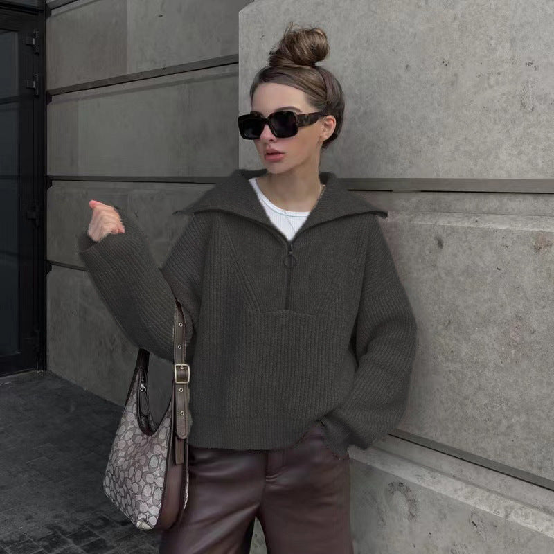 Pullover Damen grau lässig mit Stehkragen und Reißverschluss - 3 - Atelier-Zofia