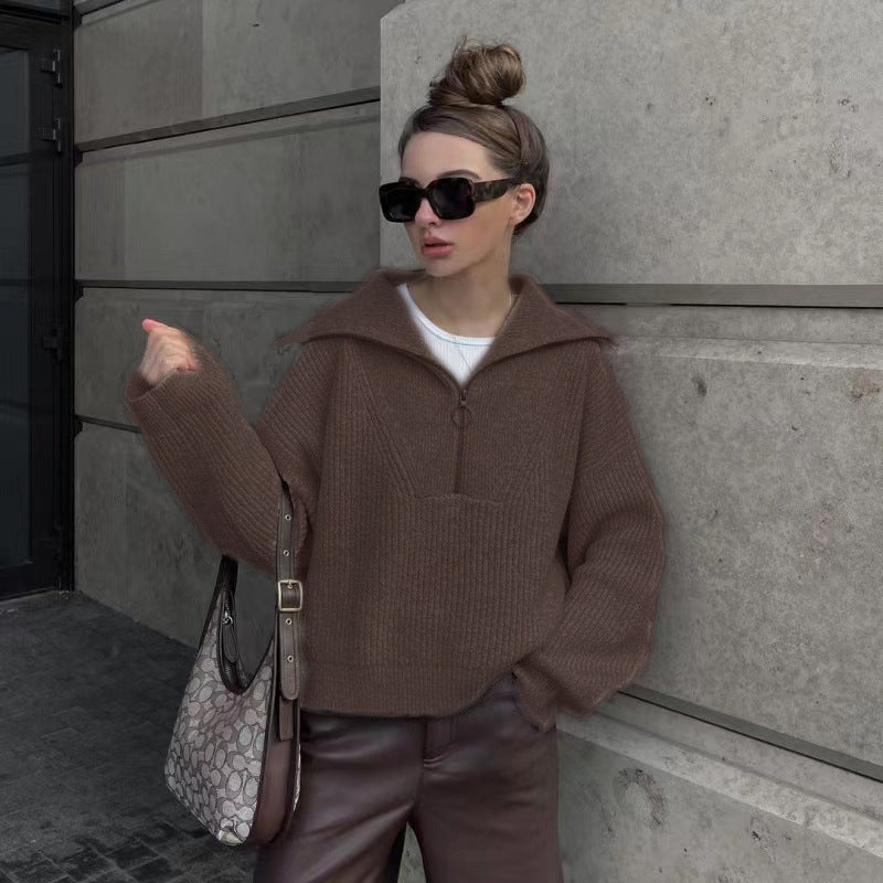 Pullover Damen grau lässig mit Stehkragen und Reißverschluss - 4 - Atelier-Zofia