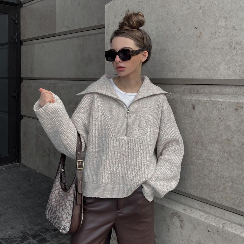 Pullover Damen grau lässig mit Stehkragen und Reißverschluss - 5 - Atelier-Zofia