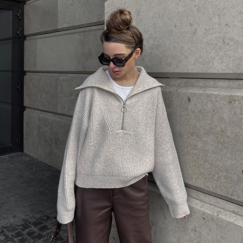 Pullover Damen grau lässig mit Stehkragen und Reißverschluss - 7 - Atelier-Zofia