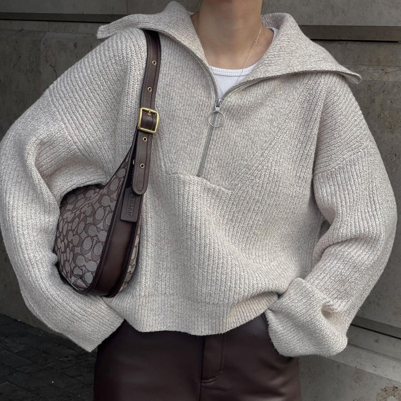 Pullover Damen grau lässig mit Stehkragen und Reißverschluss - 8 - Atelier-Zofia