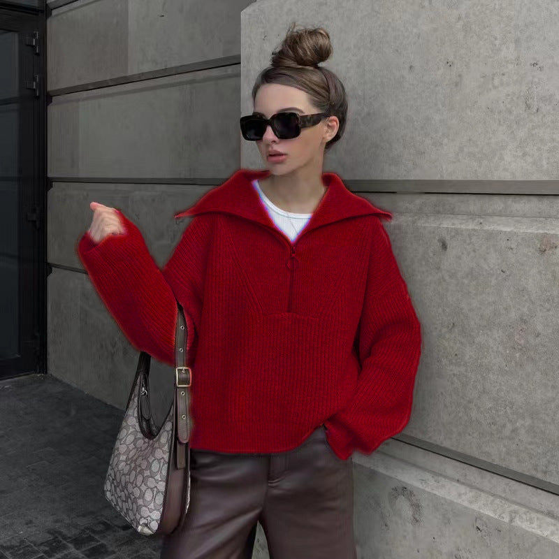 Pullover Damen grau lässig mit Stehkragen und Reißverschluss - 9 - Atelier-Zofia