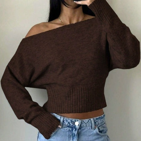 Pullover Damen braun weit mit schulterfreiem Schnitt - 1 - Atelier-Zofia