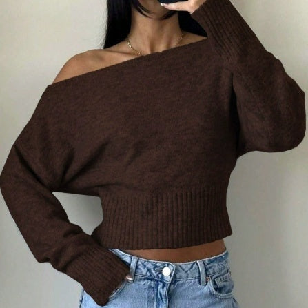 Pullover Damen braun weit mit schulterfreiem Schnitt - 2 - Atelier-Zofia