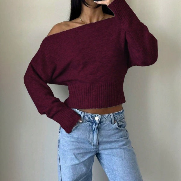 Pullover Damen braun weit mit schulterfreiem Schnitt - 3 - Atelier-Zofia
