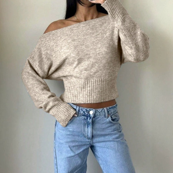 Pullover Damen braun weit mit schulterfreiem Schnitt - 4 - Atelier-Zofia