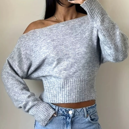 Pullover Damen braun weit mit schulterfreiem Schnitt - 5 - Atelier-Zofia