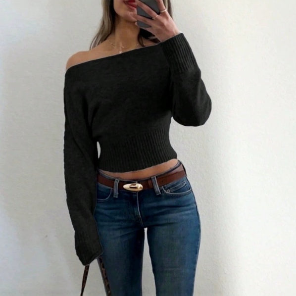 Pullover Damen braun weit mit schulterfreiem Schnitt - 6 - Atelier-Zofia