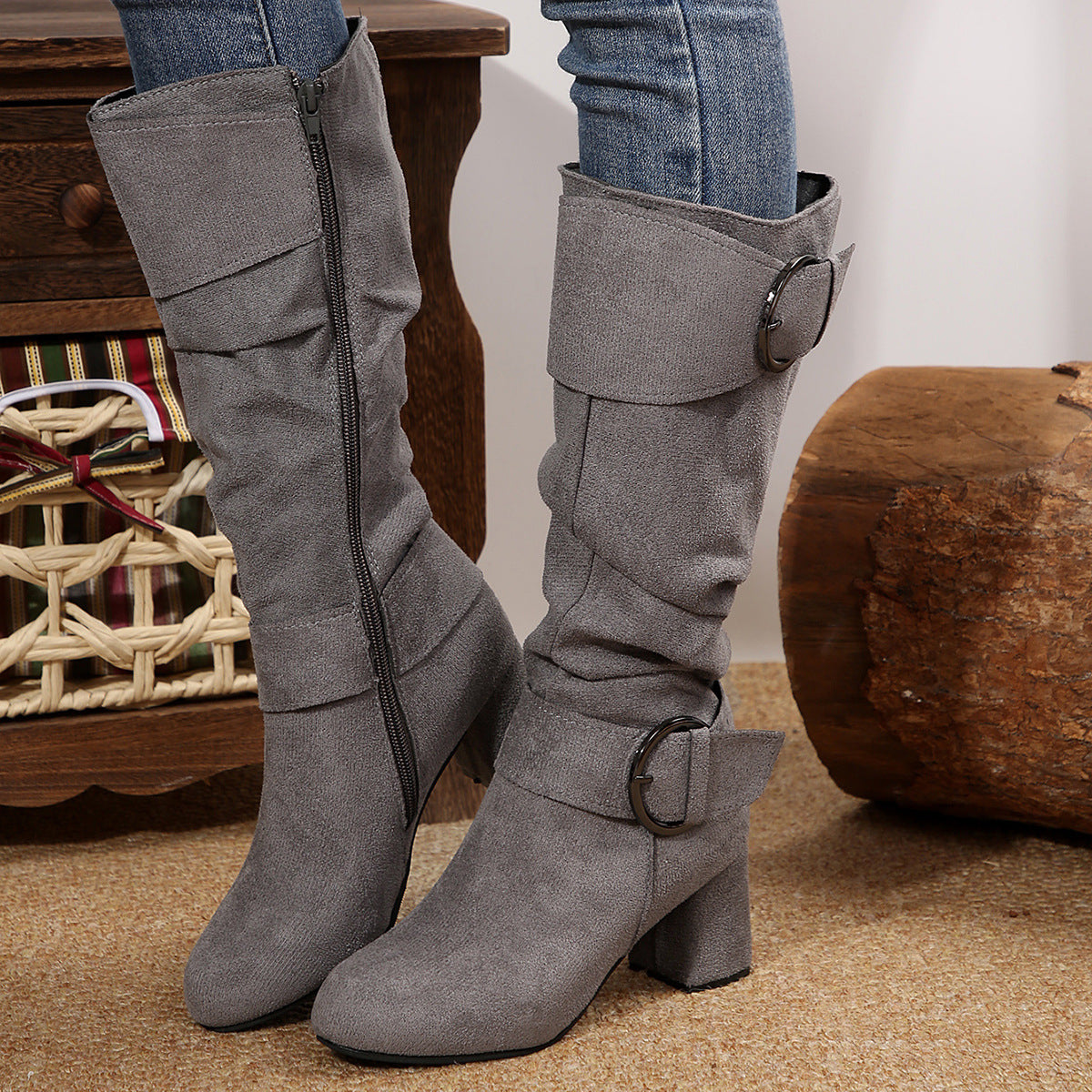 Damen Stiefel schwarz figurbetont mit Chunky Absatz und Schnallen - 2 - Atelier-Zofia