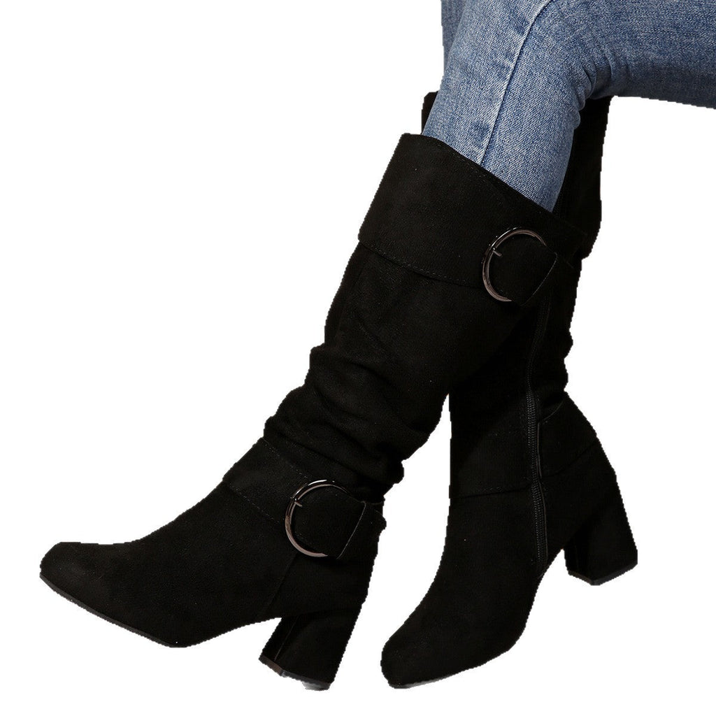 Damen Stiefel schwarz figurbetont mit Chunky Absatz und Schnallen - 3 - Atelier-Zofia