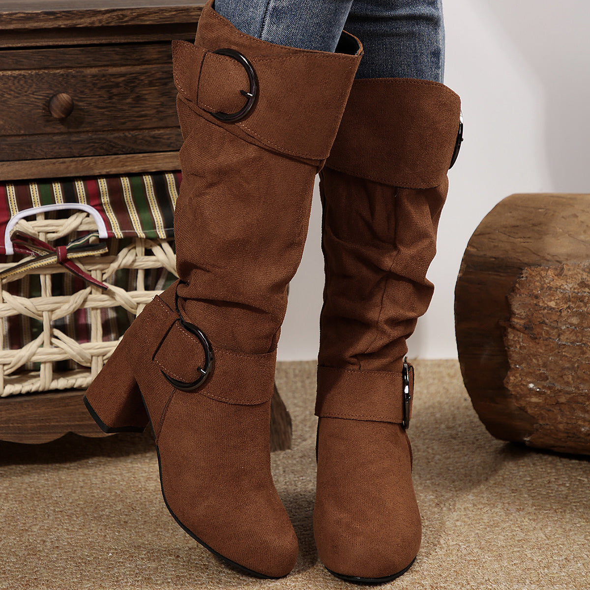 Damen Stiefel schwarz figurbetont mit Chunky Absatz und Schnallen - 8 - Atelier-Zofia