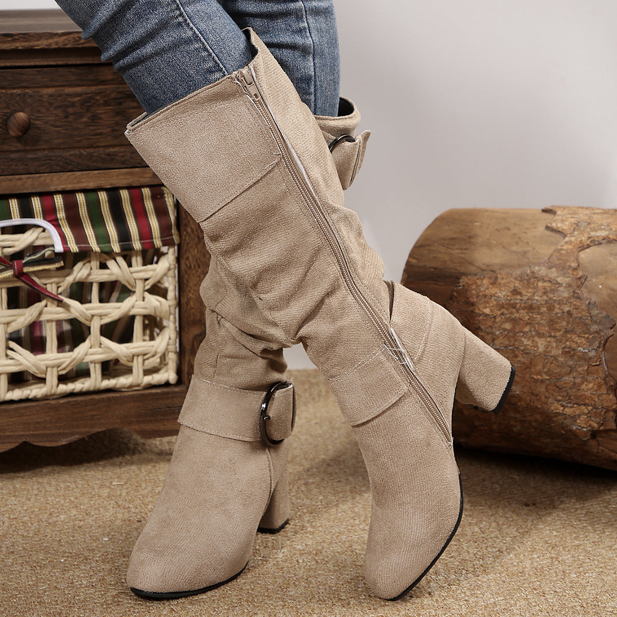 Damen Stiefel schwarz figurbetont mit Chunky Absatz und Schnallen - 9 - Atelier-Zofia