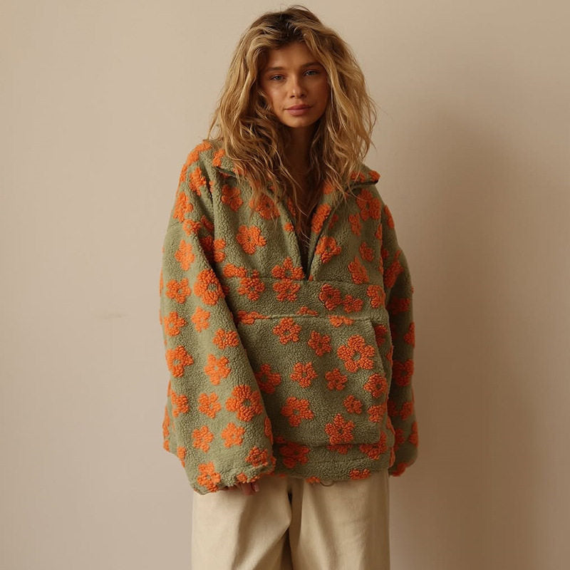 Pullover Damen grün oversized mit Blumenmuster - 1 - Atelier-Zofia