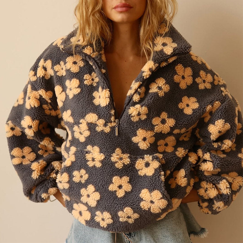 Pullover Damen grün oversized mit Blumenmuster - 6 - Atelier-Zofia