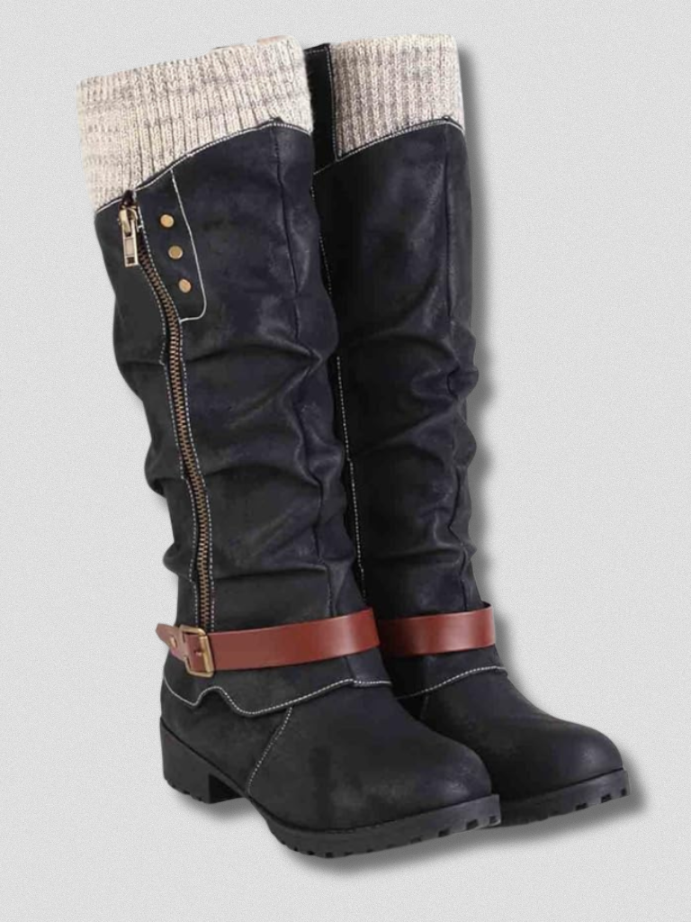 Boots Damen schwarz figurbetont mit Strickbund und Schnalle - 2 - Atelier-Zofia