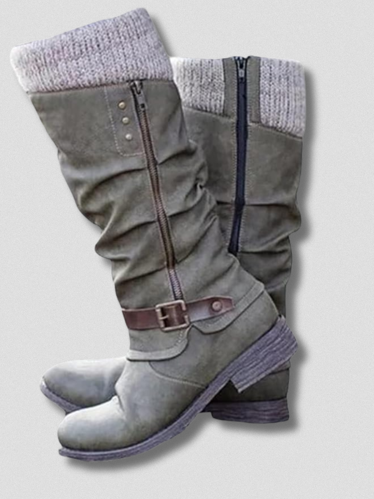 Boots Damen schwarz figurbetont mit Strickbund und Schnalle - 6 - Atelier-Zofia