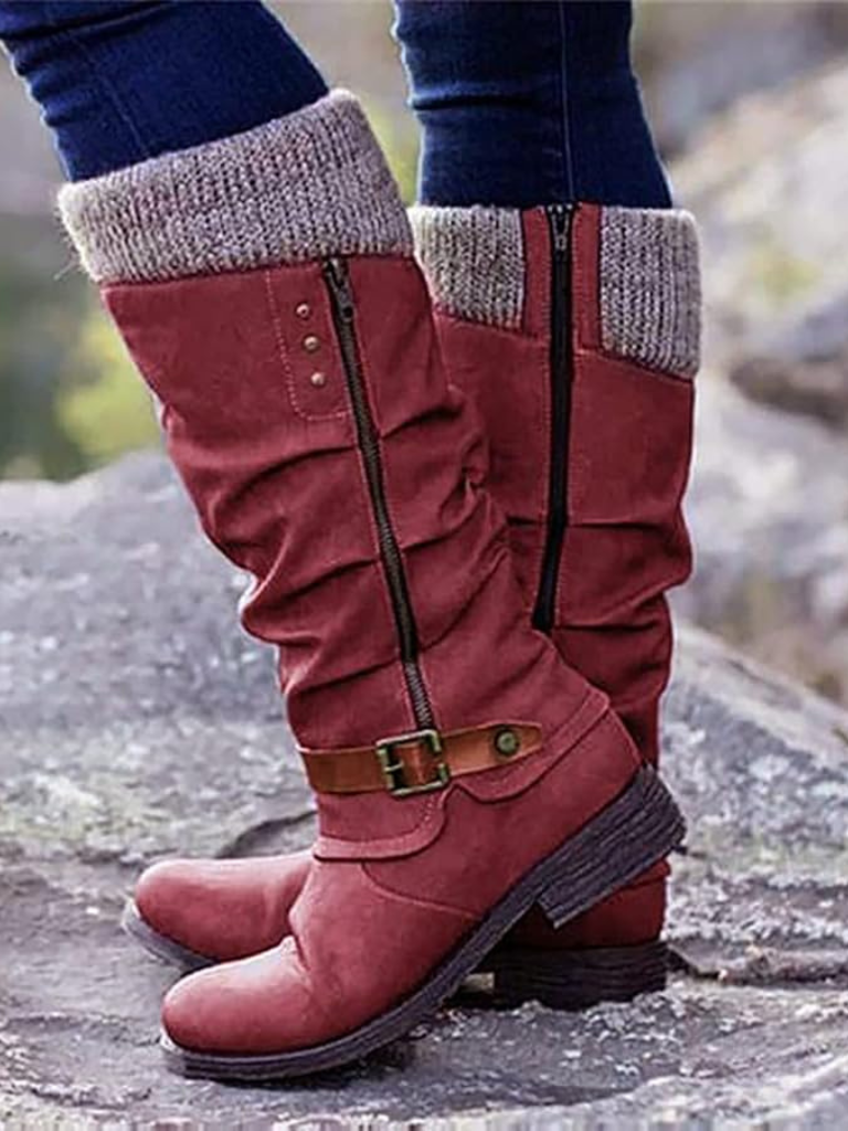 Boots Damen schwarz figurbetont mit Strickbund und Schnalle - 7 - Atelier-Zofia