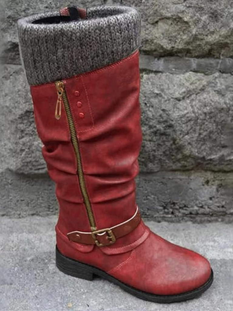 Boots Damen schwarz figurbetont mit Strickbund und Schnalle - 8 - Atelier-Zofia