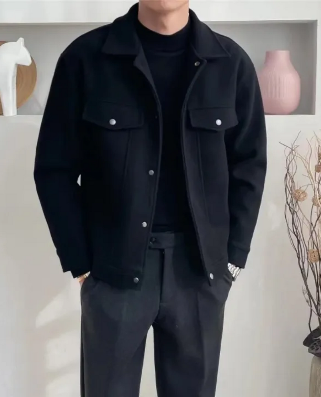 Jacke Herren beige tailliert mit Druckknöpfen und Brusttaschen - 4 - Atelier-Zofia