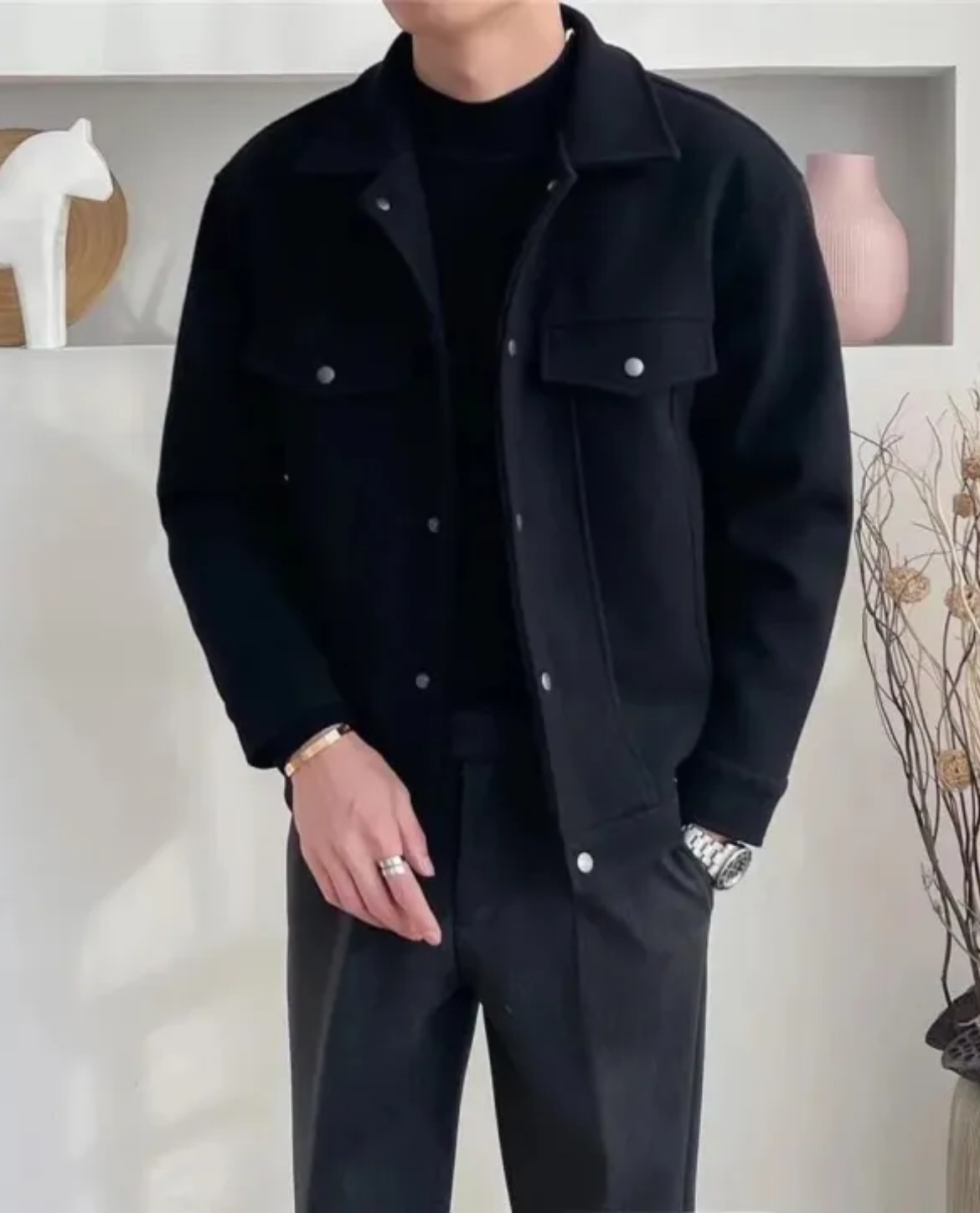 Jacke Herren beige tailliert mit Druckknöpfen und Brusttaschen - 5 - Atelier-Zofia