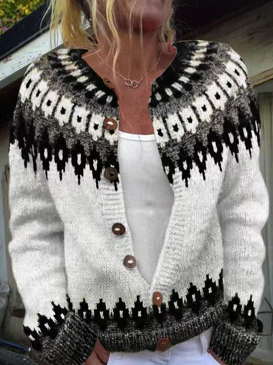 Cardigan Damen schwarz-weiß tailliert mit Knöpfen - 1 - Atelier-Zofia