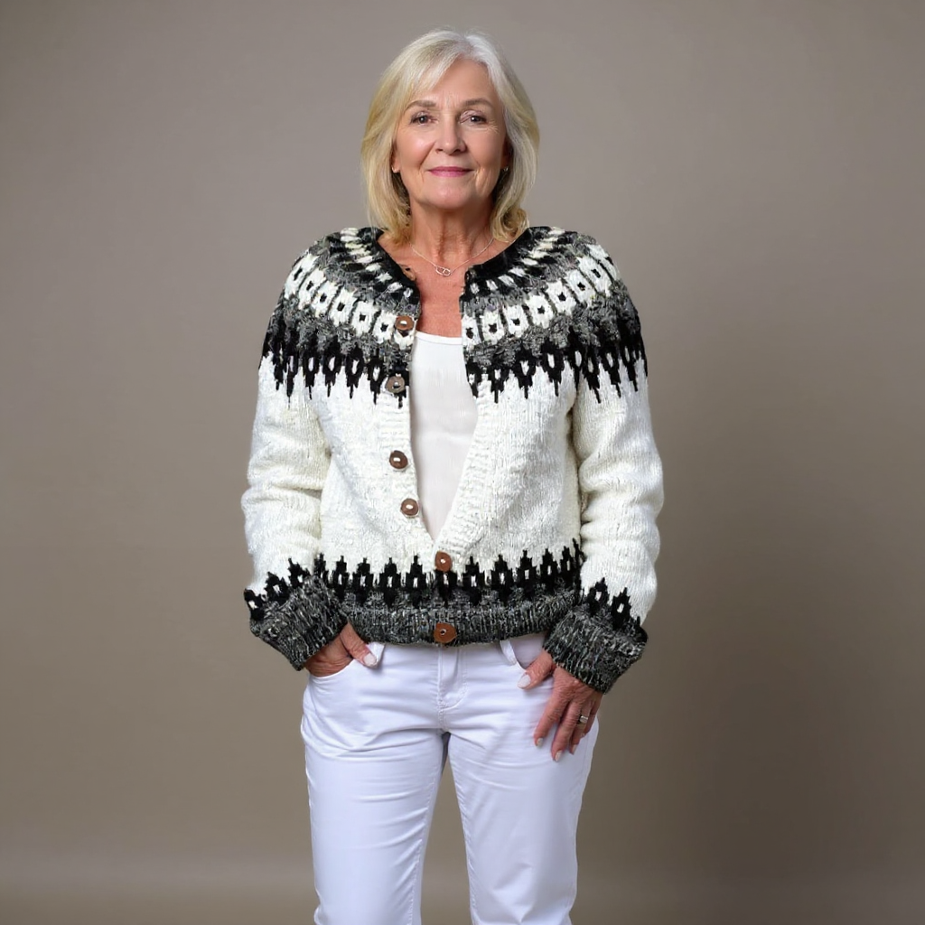Cardigan Damen schwarz-weiß tailliert mit Knöpfen - 2 - Atelier-Zofia