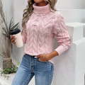 Pullover Damen rosa figurbetont mit Rollkragen und Zopfmuster - 1 - Atelier-Zofia