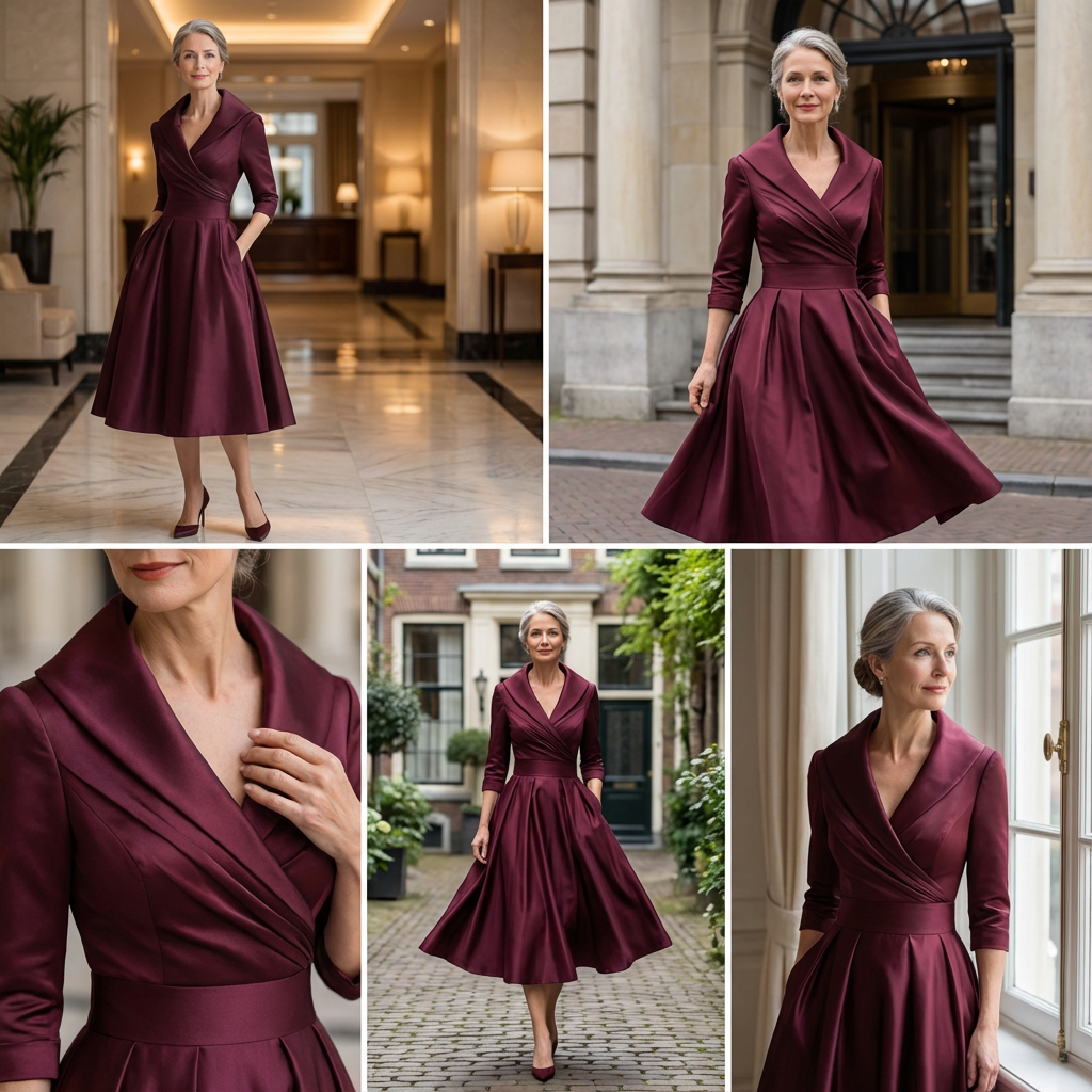 Abendkleid Damen burgunderrot figurbetont mit V-Ausschnitt und ¾-Ärmeln - 1 - Atelier-Zofia