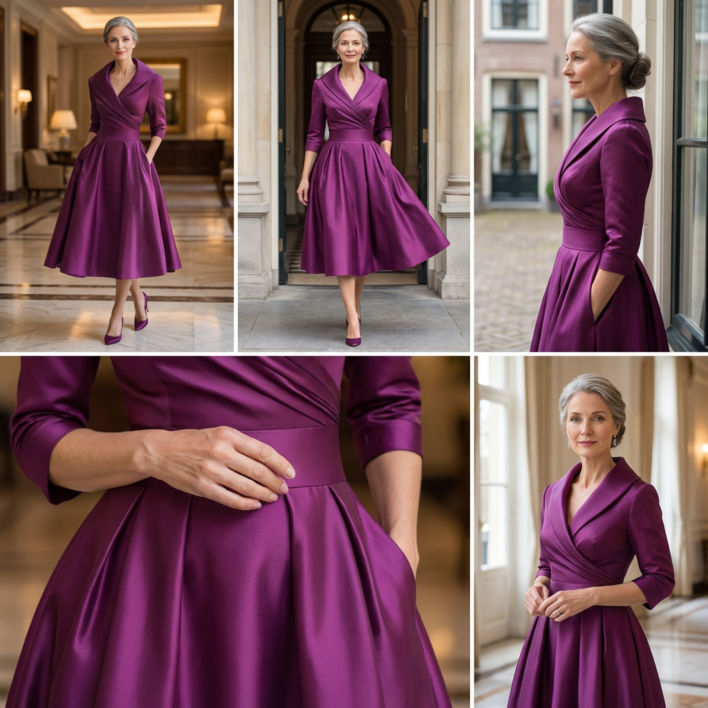 Abendkleid Damen burgunderrot figurbetont mit V-Ausschnitt und ¾-Ärmeln - 3 - Atelier-Zofia