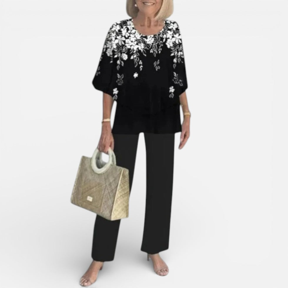 Outfit Damen schwarz figurbetont mit floralem Design - 1 - Atelier-Zofia
