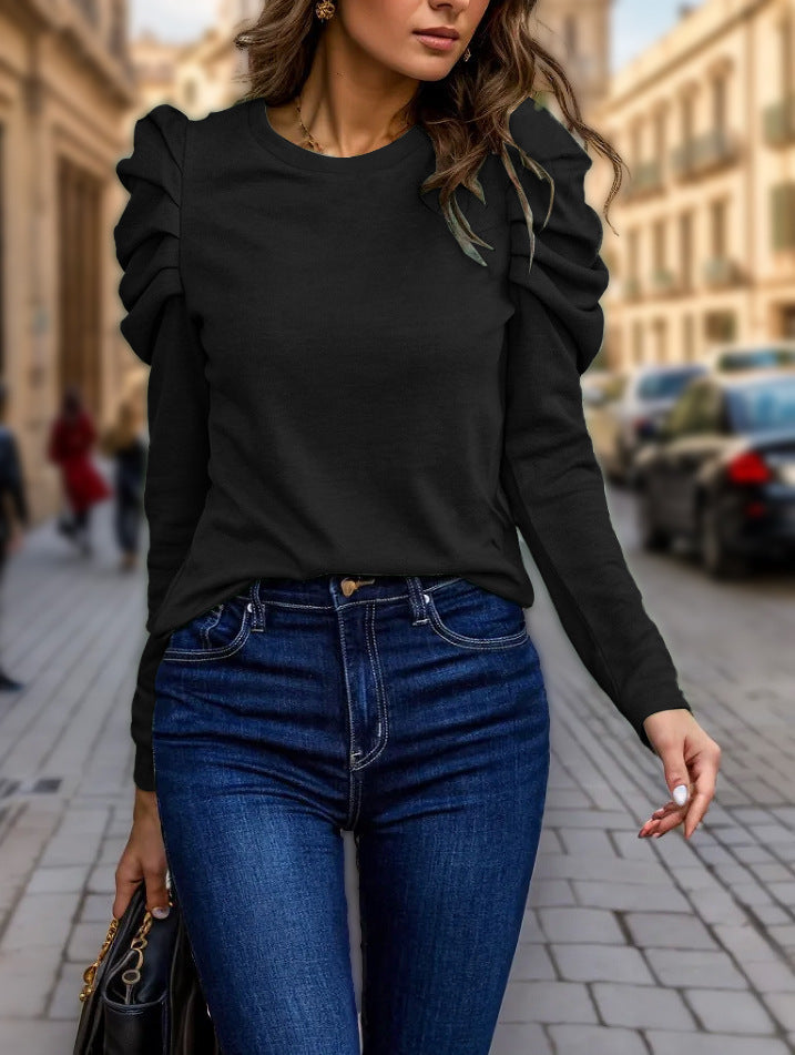 Pullover Damen schwarz figurbetont mit Rüsche - 2 - Atelier-Zofia