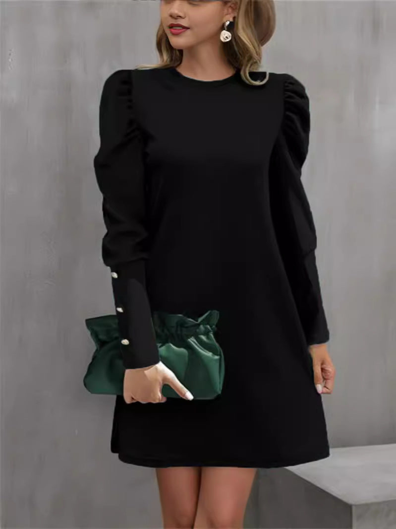 Kleid Damen blau figurbetont mit Puffärmeln und Rundhalsausschnitt - 6 - Atelier-Zofia