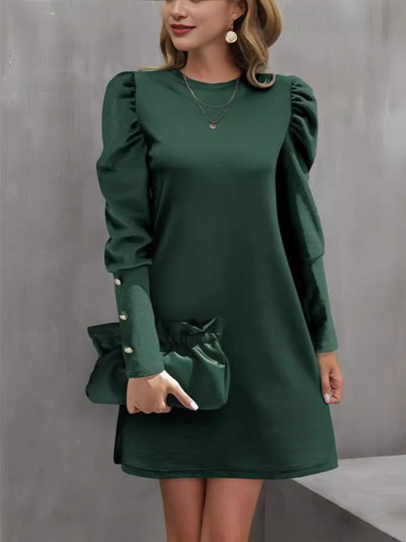 Kleid Damen blau figurbetont mit Puffärmeln und Rundhalsausschnitt - 8 - Atelier-Zofia