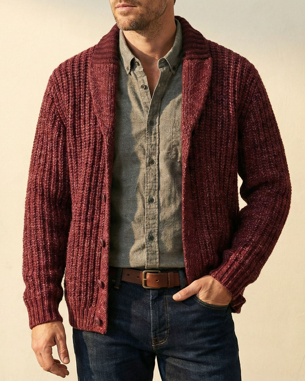 Cardigan Herren grau strukturiert mit Schalkragen - 4 - Atelier-Zofia
