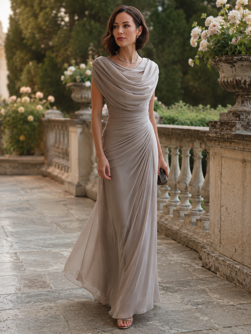Maxikleid Damen grau figurbetont mit Drapé und schulterfreiem Ausschnitt - 1 - Atelier-Zofia