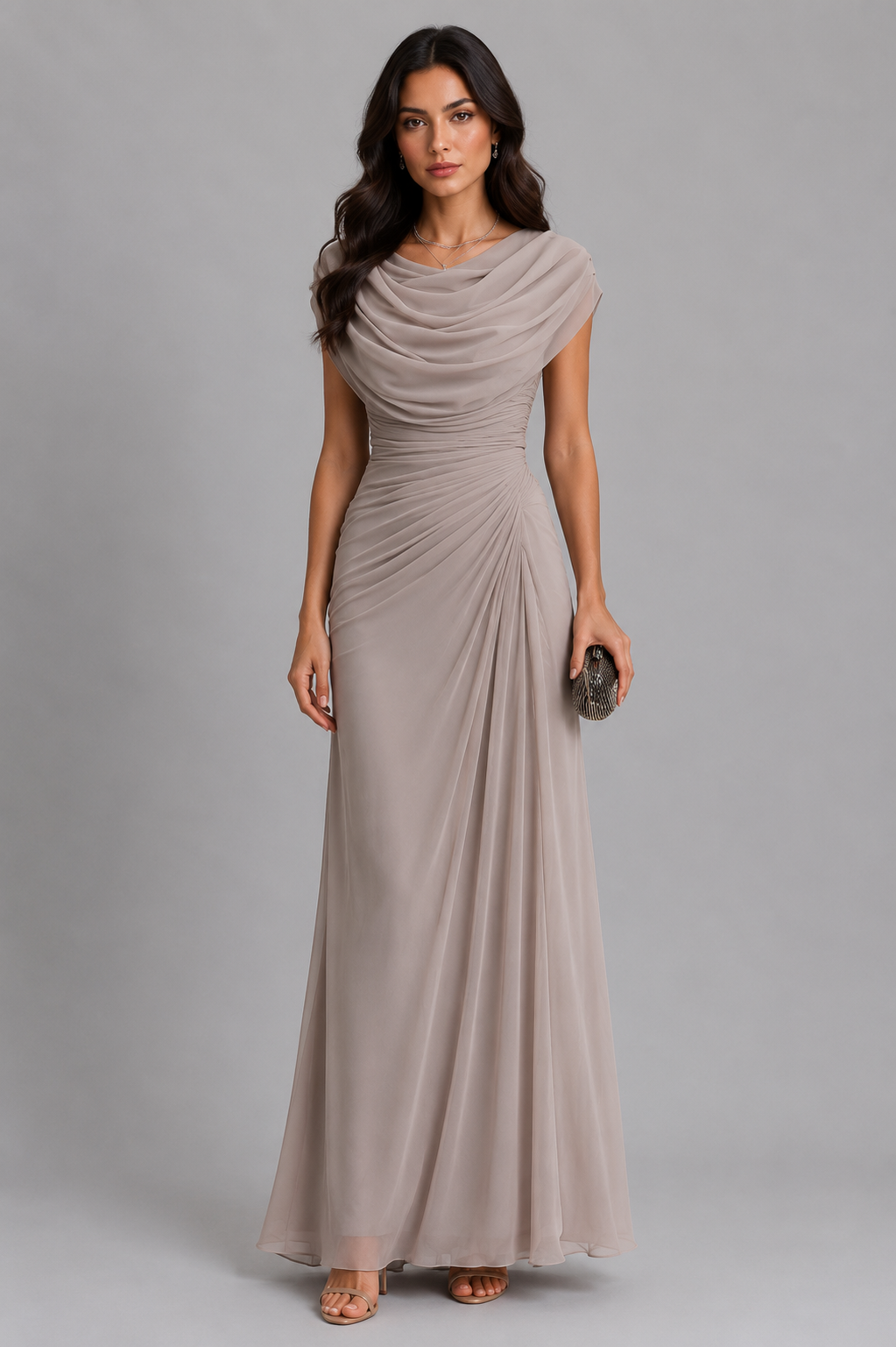 Maxikleid Damen grau figurbetont mit Drapé und schulterfreiem Ausschnitt - 4 - Atelier-Zofia