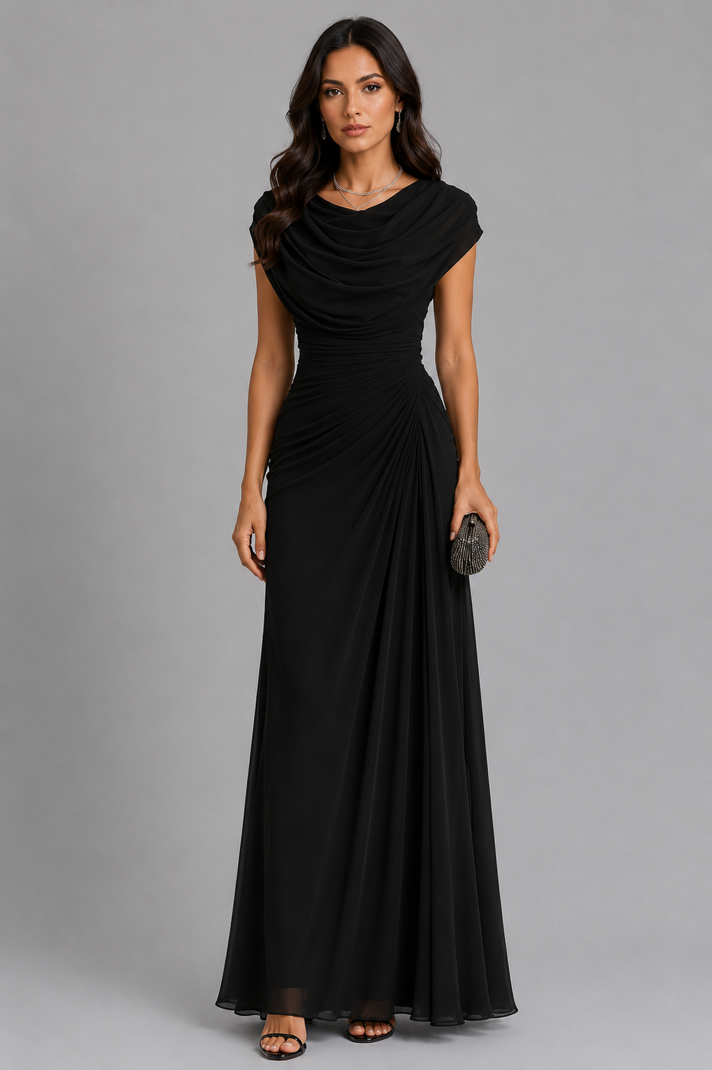 Maxikleid Damen grau figurbetont mit Drapé und schulterfreiem Ausschnitt - 5 - Atelier-Zofia