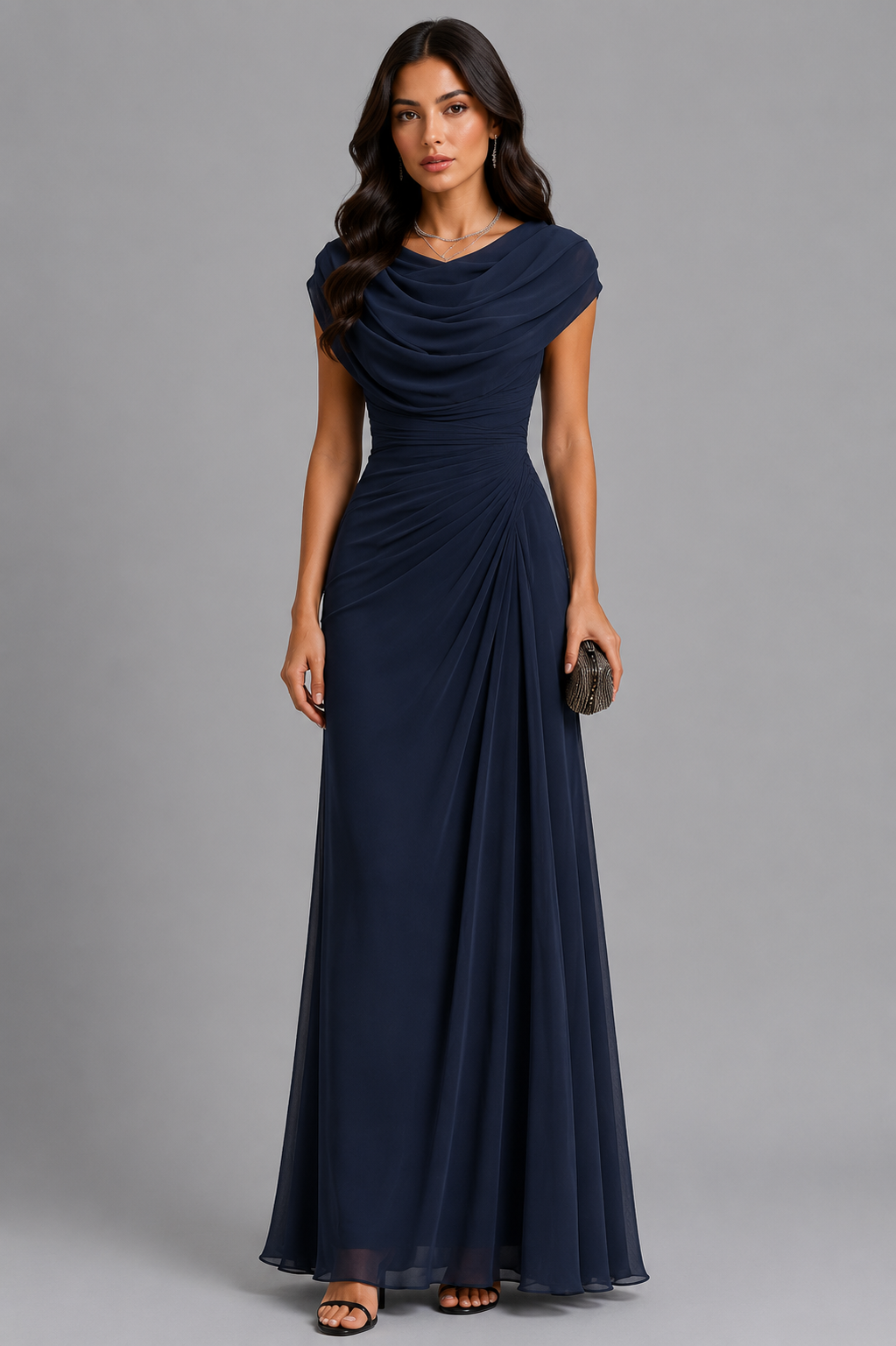 Maxikleid Damen grau figurbetont mit Drapé und schulterfreiem Ausschnitt - 6 - Atelier-Zofia