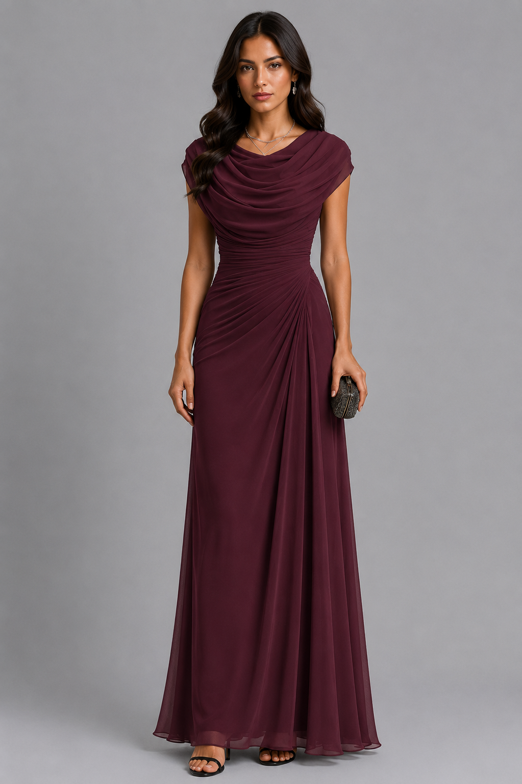 Maxikleid Damen grau figurbetont mit Drapé und schulterfreiem Ausschnitt - 7 - Atelier-Zofia