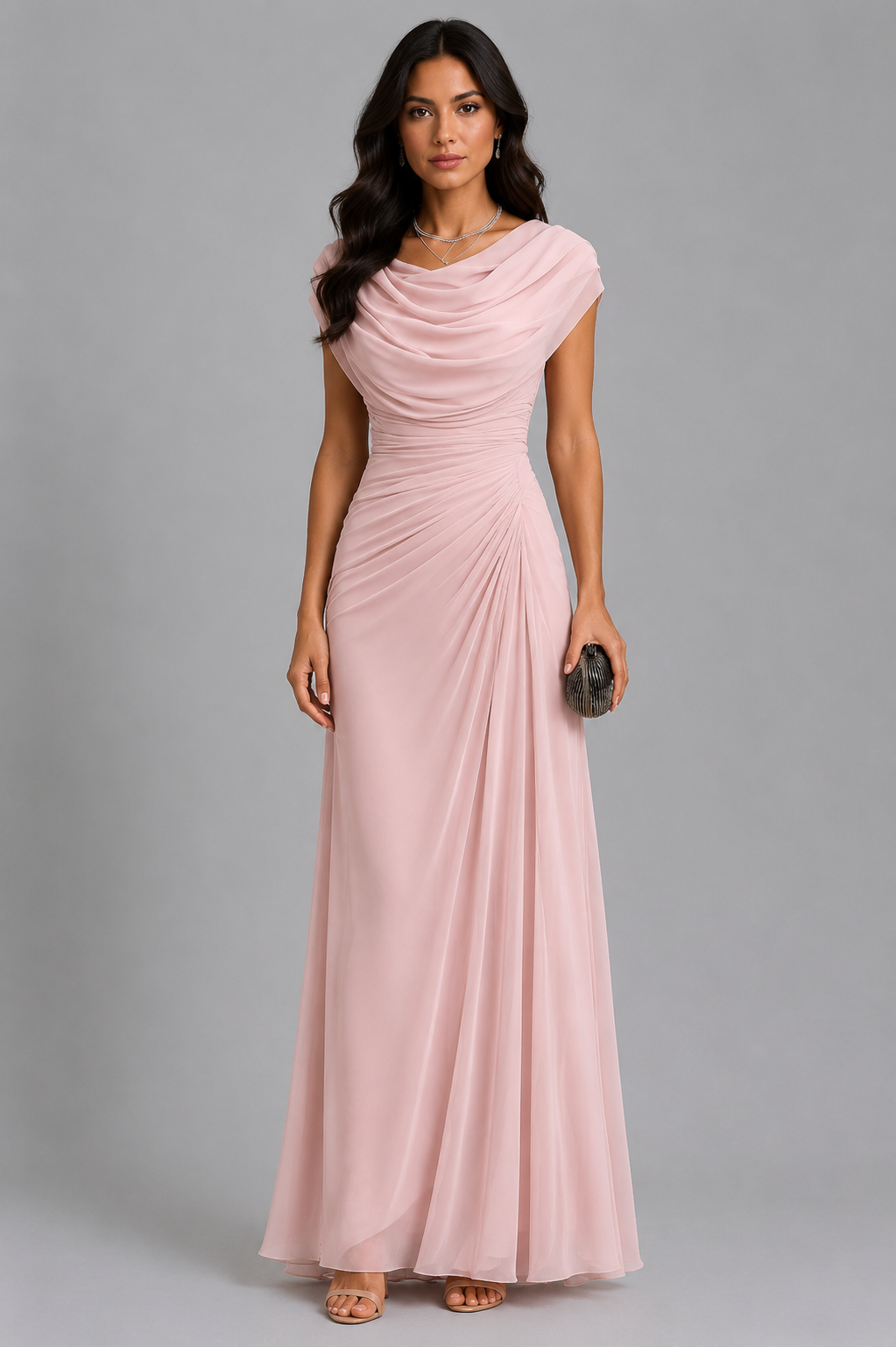 Maxikleid Damen grau figurbetont mit Drapé und schulterfreiem Ausschnitt - 8 - Atelier-Zofia