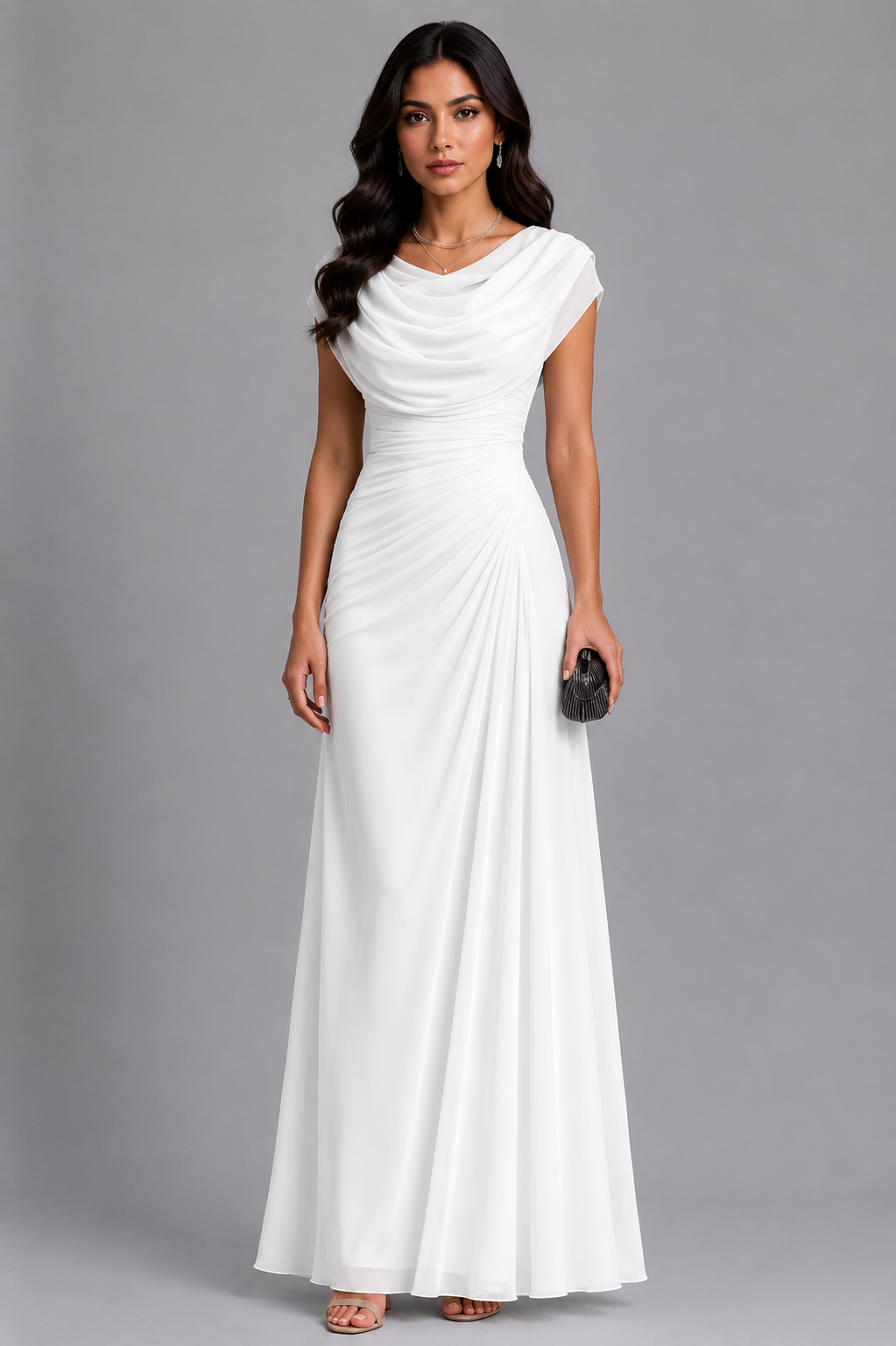 Maxikleid Damen grau figurbetont mit Drapé und schulterfreiem Ausschnitt - 9 - Atelier-Zofia