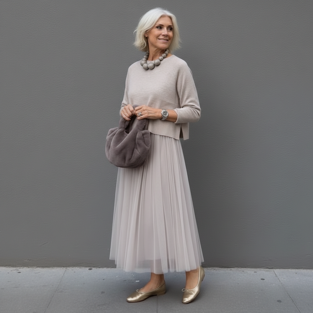 Maxikleid Damen grau tailliert mit Tüllrock und langen Ärmeln - 1 - Atelier-Zofia