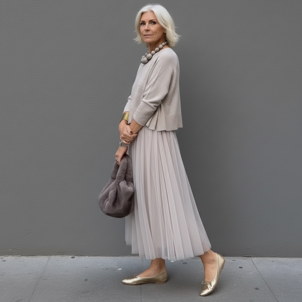 Maxikleid Damen grau tailliert mit Tüllrock und langen Ärmeln - 2 - Atelier-Zofia