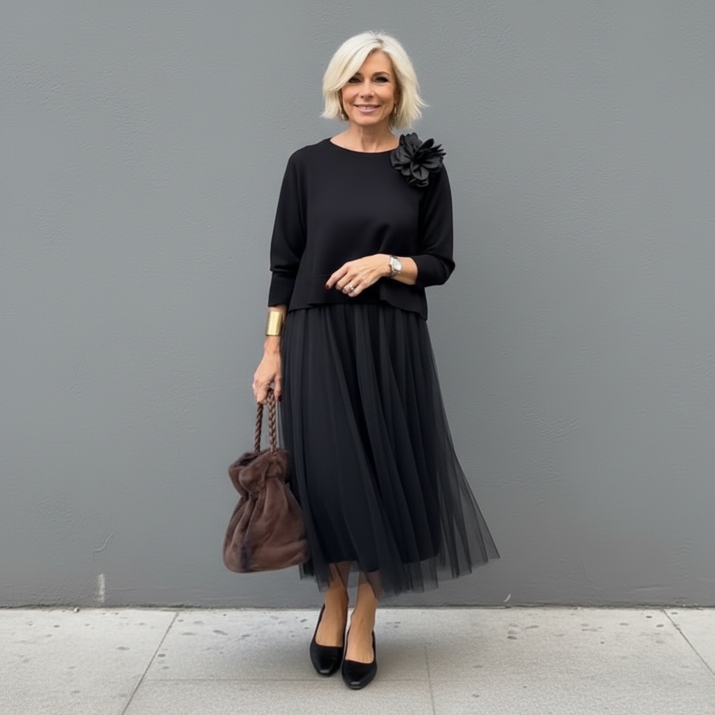 Maxikleid Damen grau tailliert mit Tüllrock und langen Ärmeln - 3 - Atelier-Zofia