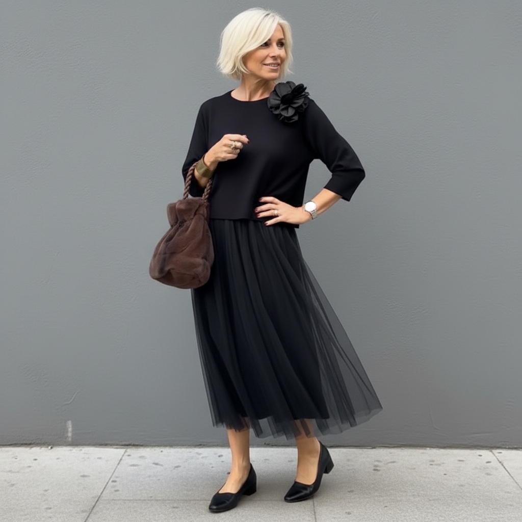 Maxikleid Damen grau tailliert mit Tüllrock und langen Ärmeln - 4 - Atelier-Zofia