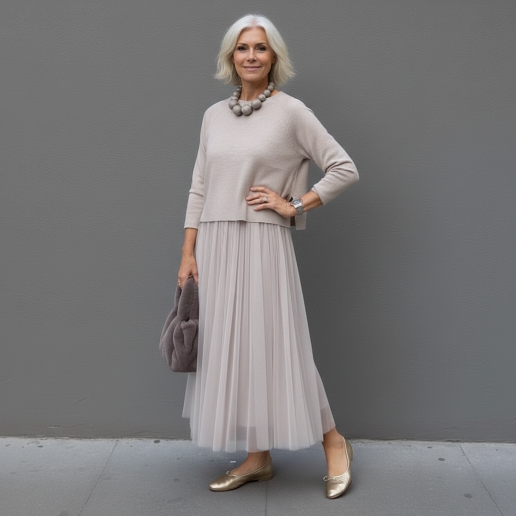 Maxikleid Damen grau tailliert mit Tüllrock und langen Ärmeln - 10 - Atelier-Zofia