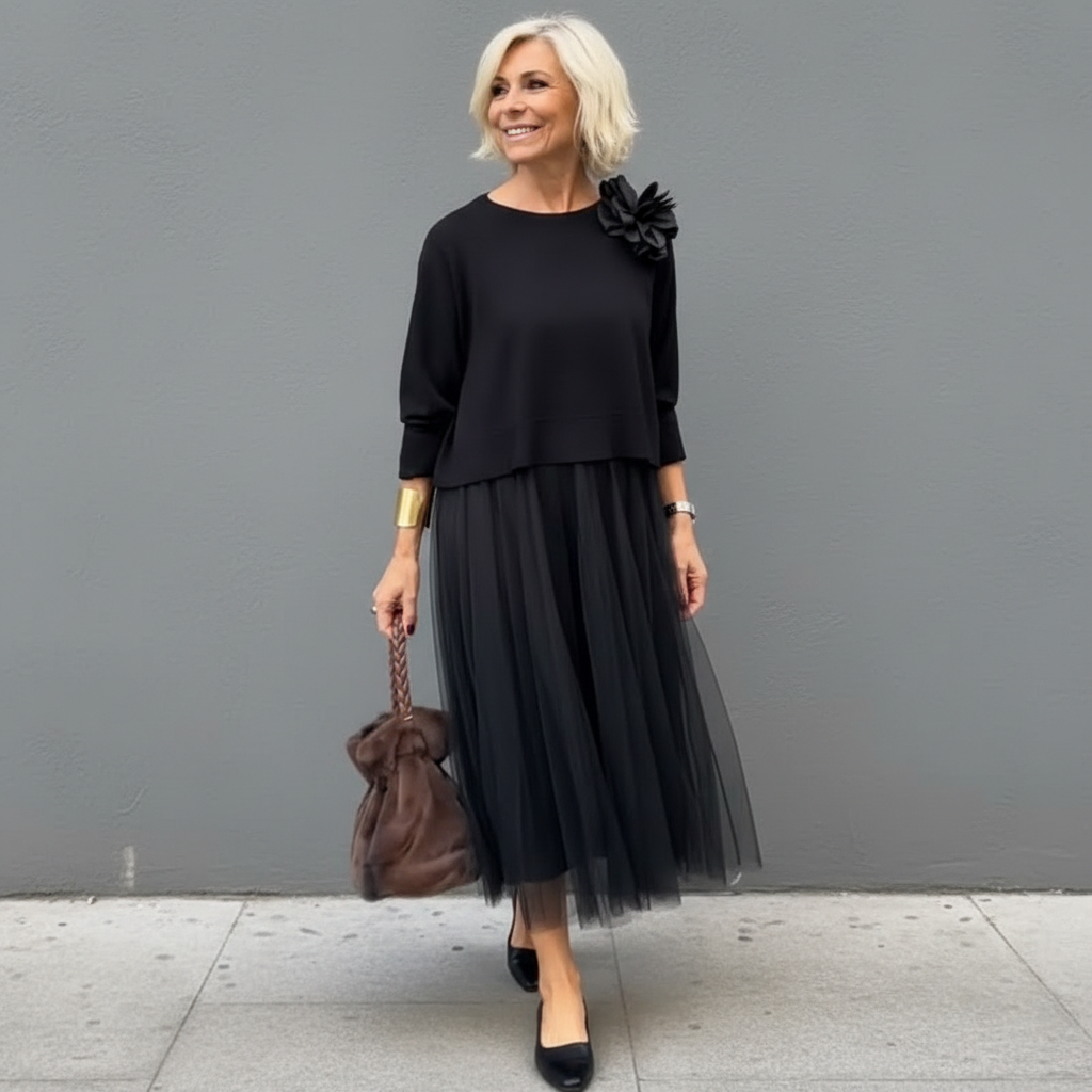 Maxikleid Damen grau tailliert mit Tüllrock und langen Ärmeln - 11 - Atelier-Zofia