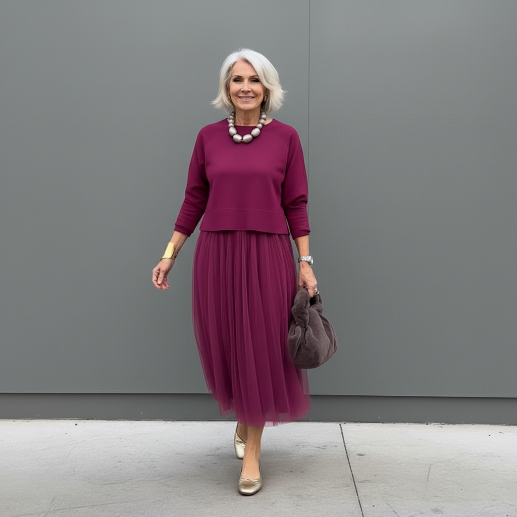 Maxikleid Damen grau tailliert mit Tüllrock und langen Ärmeln - 13 - Atelier-Zofia