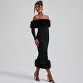 Abendkleid Damen schwarz figurbetont mit Off-Shoulder-Ausschnitt und Pelzbesatz - 1 - Atelier-Zofia